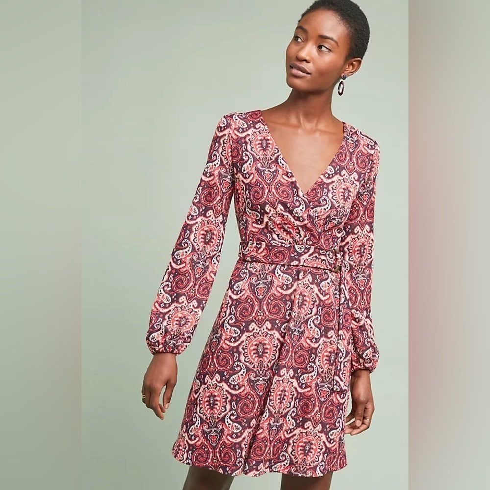Anthropologie Maeve Paisley Belted Dress Long Sleeve Size XS